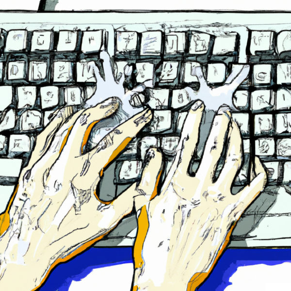 DALL E 2023 02 14 09 50 45 a drawing of two hands writing on a keyboard The hands are covered in glue and sticking to the keyboard in the style of a graphic novel
