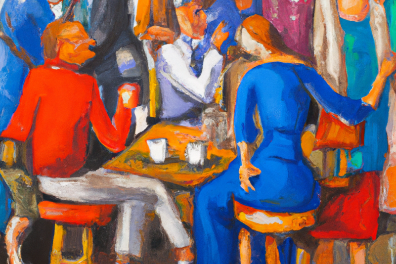 DALLE 2023 01 13 08 28 19 12 diverse people discussing at a table oil painting bright colors